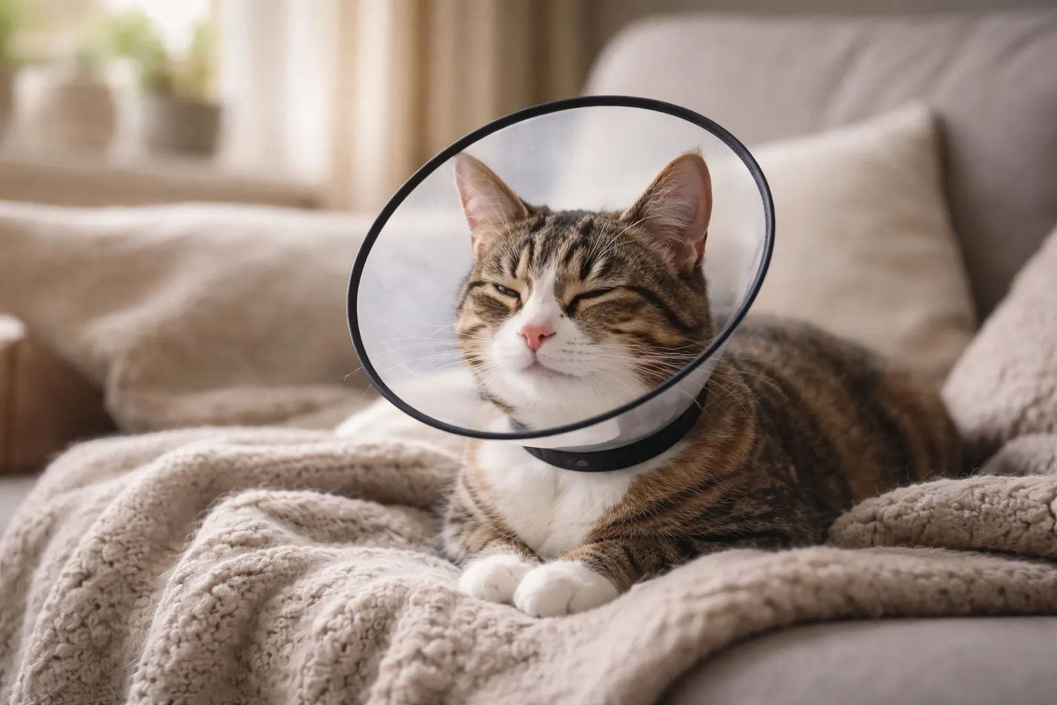 A cat recovering at home after being spayed at a UK vet practice