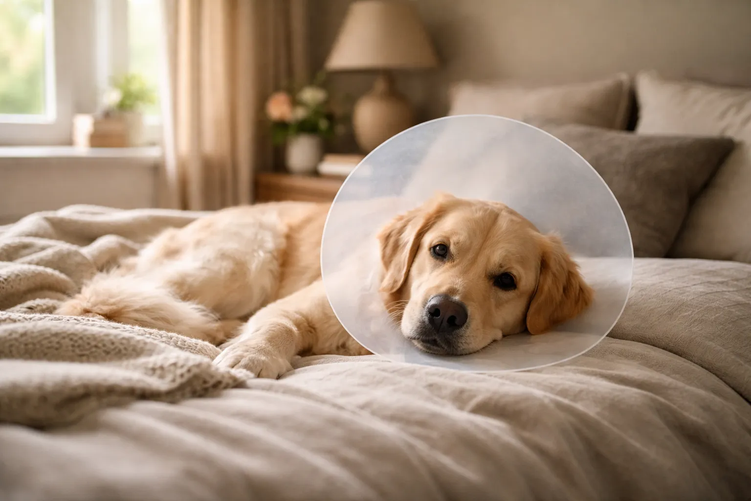 A dog resting comfortably after a neutering procedure at a UK vet practice