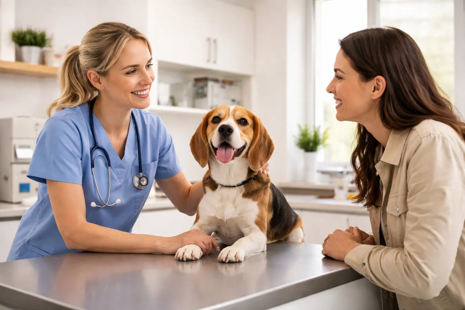 A pet owner talking to a vet in a UK veterinary practice consultation room