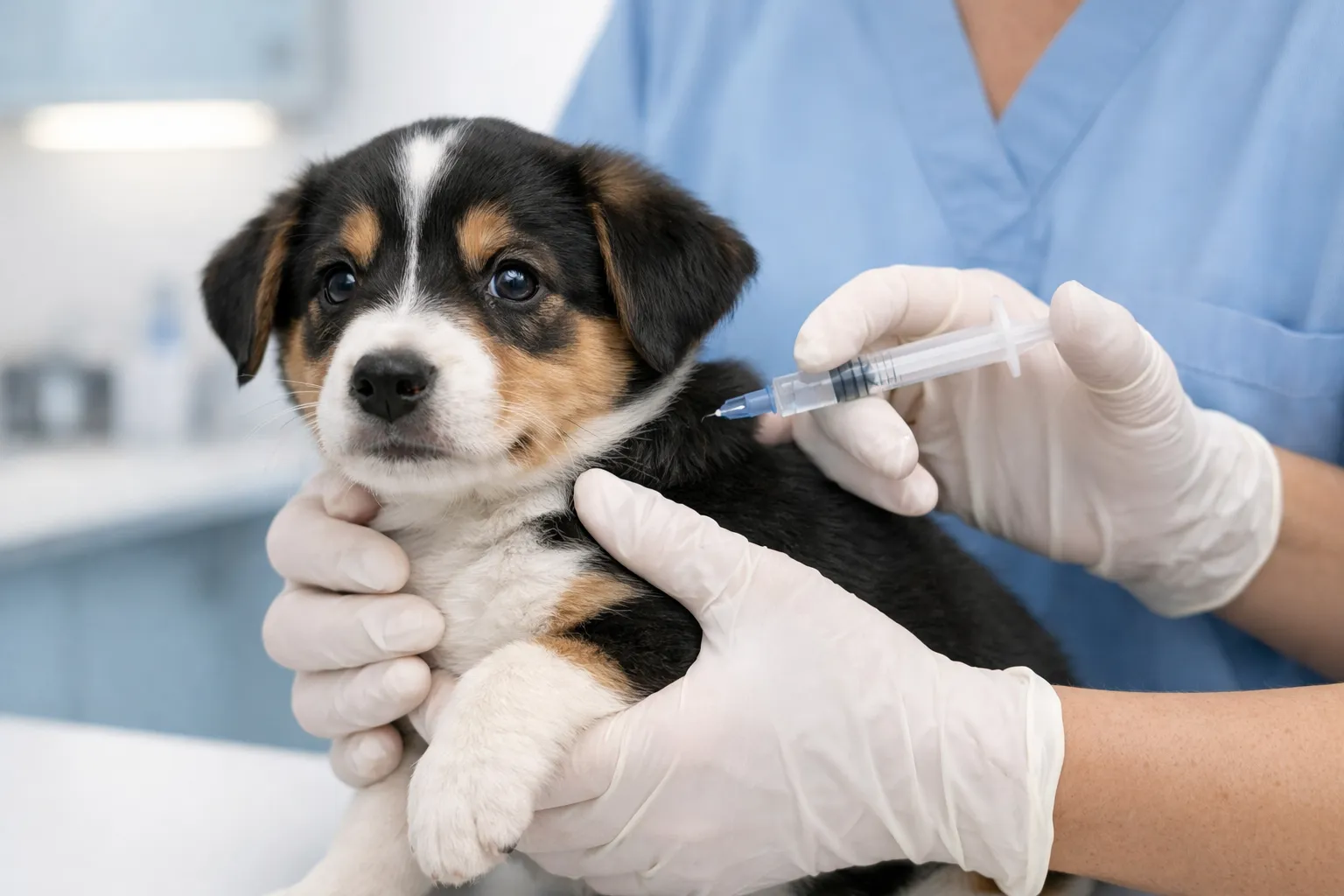 A puppy receiving a vaccination at a UK vet practice