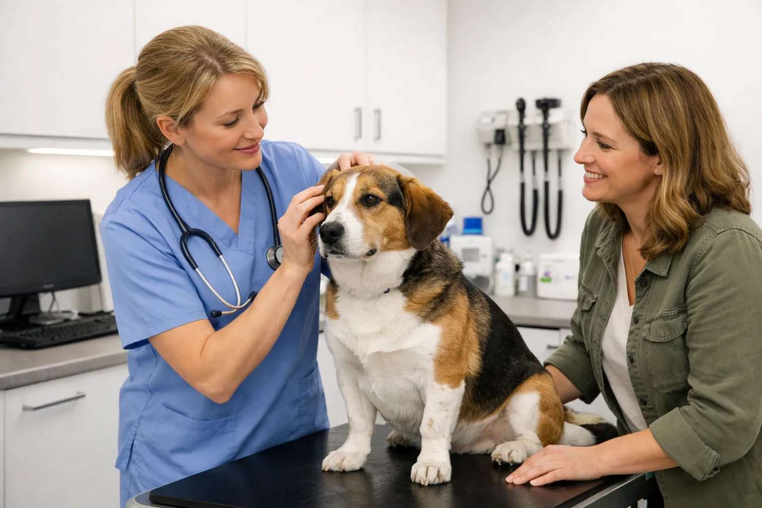 A vet consulting with a pet owner at a UK veterinary practice