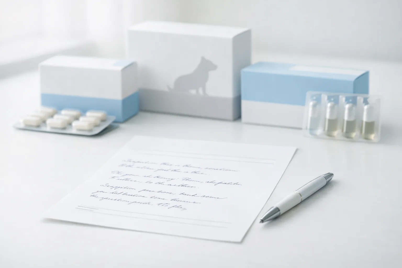 Pet medication and a vet prescription form on a desk