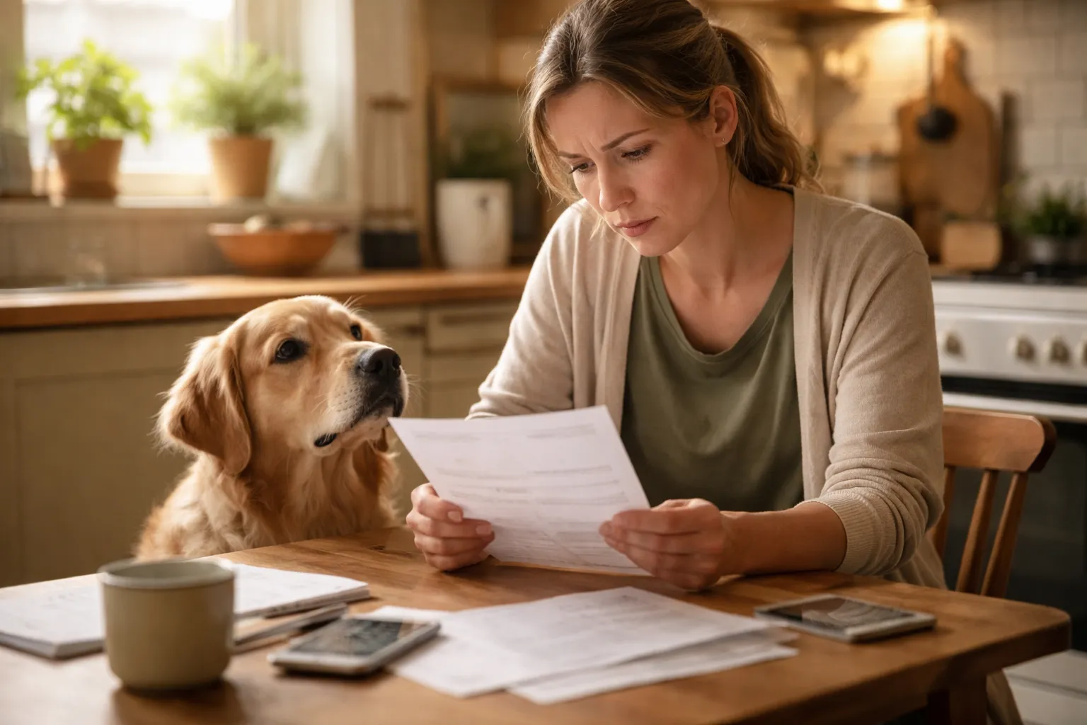 A dog owner looking at an unexpectedly high vet bill