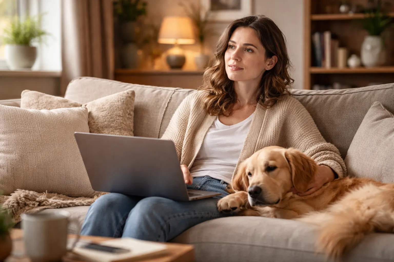 A concerned pet owner checking vet prices on a laptop with their dog beside them